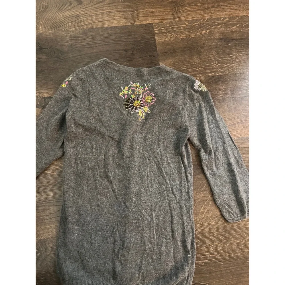 One Girl Who Grey Angora Blend Floral Embroidered Beaded Cardigan Sweater Small